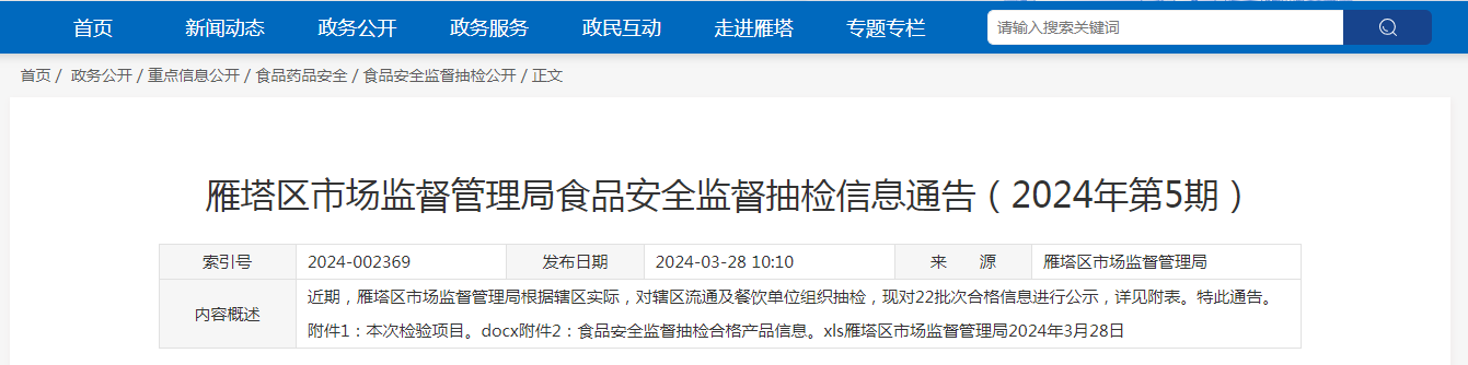 雁塔区市场监督管理局食品安全监督抽检信息通告（2024年第5期）