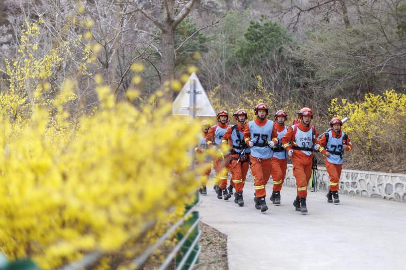 3月28日，参赛队员跑过迎春花盛开的山路。