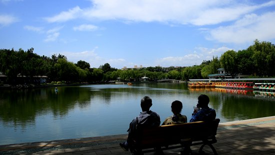     游人坐在北京青年湖公园长椅上享受宁静。青年湖公园管理处供图