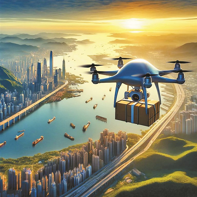▲珠海、深圳间首条无人机低空快递物流航路启动试运行。 AI生成图
