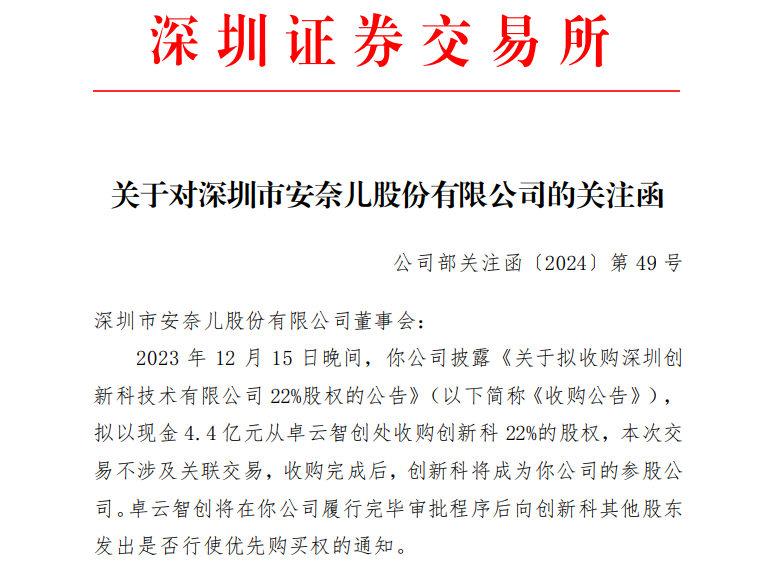 股价“过山车”！安奈儿又收关注函：要求公司说明跨界收购创新科22%股权是否存在终止交易的风险