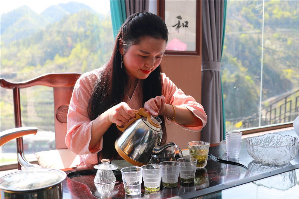 东旭茶庄里茶艺师正在冲泡茶叶如今的大竹园社区,不但有茶园,还有观光
