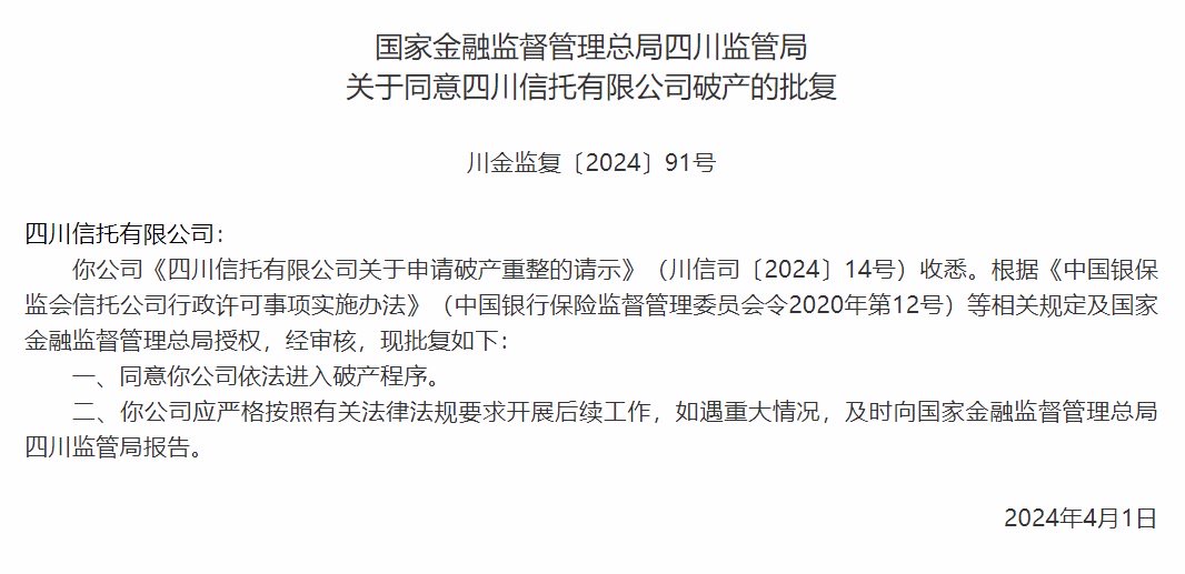 国家金融监管总局四川监管局：同意四川信托有限公司依法进入破产程序