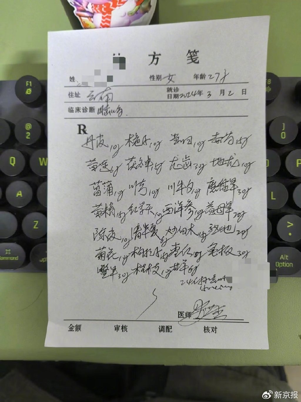 大夫为患者开具的处方.新京报暗访调查组 摄