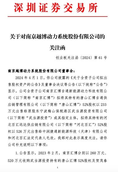 公司舆情|*st越博收关注函:全资子公司拟出售唐山汇博和河北百汇股权