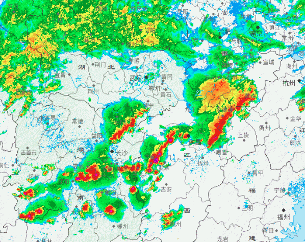 以今天下午16时左右天气雷达图为例,未来一段时间红色回波将逐渐向