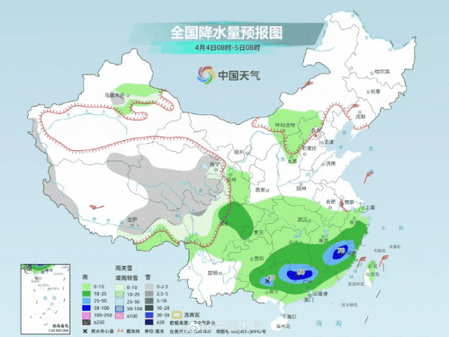 △4月4日08时-7日08时全国降水量预报图；来源：中国天气