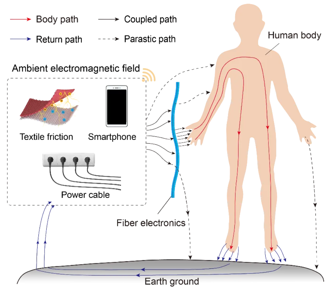 人体耦合电磁能量收集示意图。图片来源：东华大学