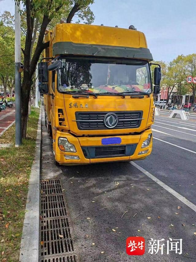 停在路边,路牙上的一棵大树被连根撞歪,树枝正好卡在车头和车厢之间