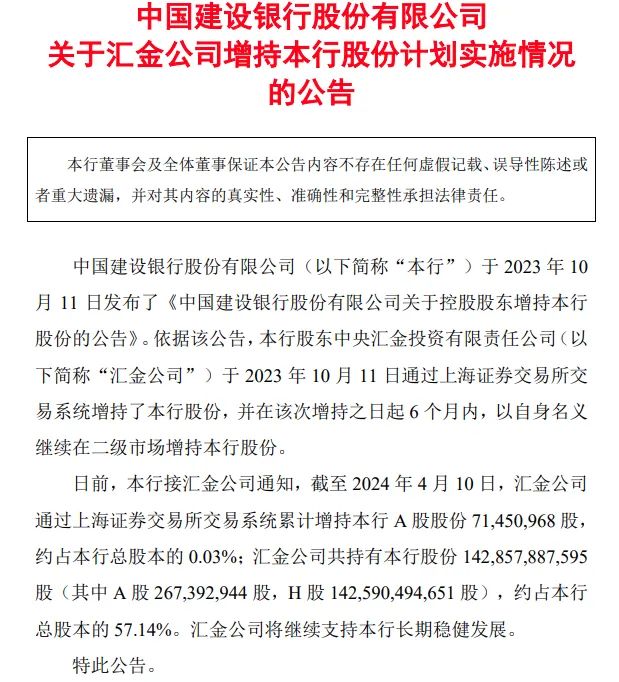 建设银行公告根据公告,汇金公司本轮增持去年10月已经启动.