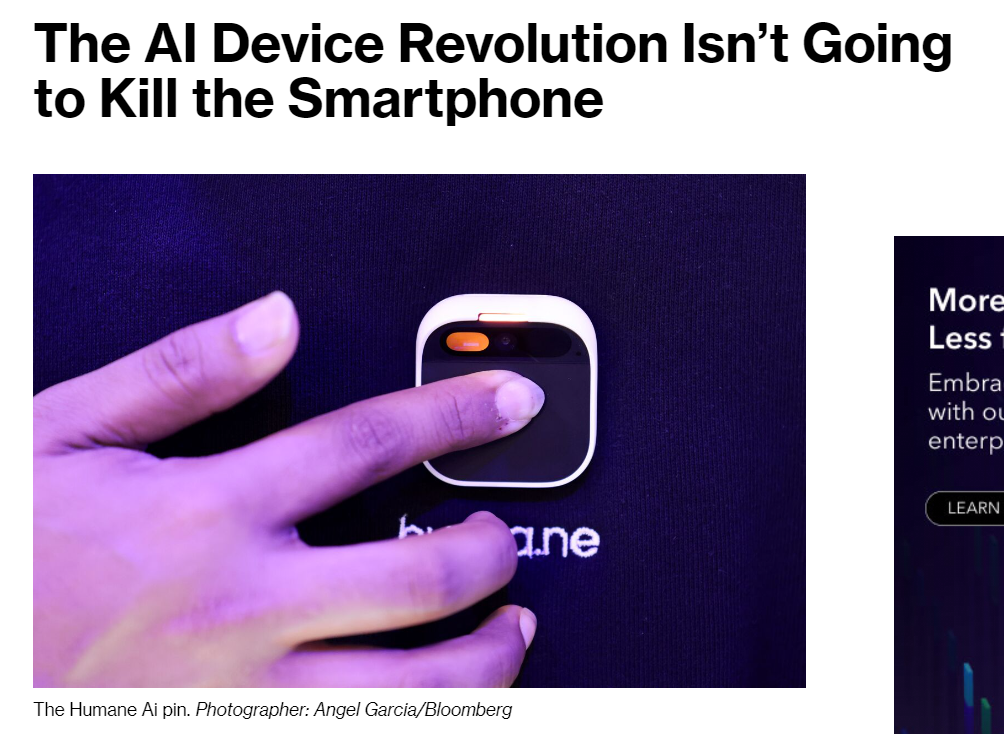 彭博社标题：AI设备革命不会杀死智能手机 图片来源：彭博官网截图
