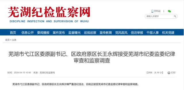 据芜湖纪检监察网4月15日消息,芜湖市弋江区委原副书记,区政府原区长