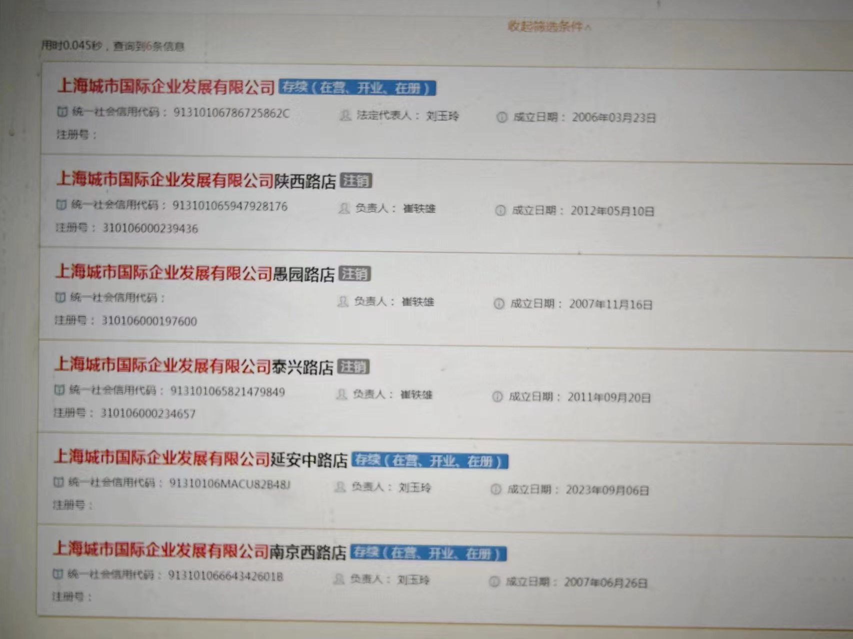 国家企业信用信息公示系统查询发现，“上海城市国际企业发展有限公司”在沪共有6条信息。劳动报记者陆燕婷 摄影
