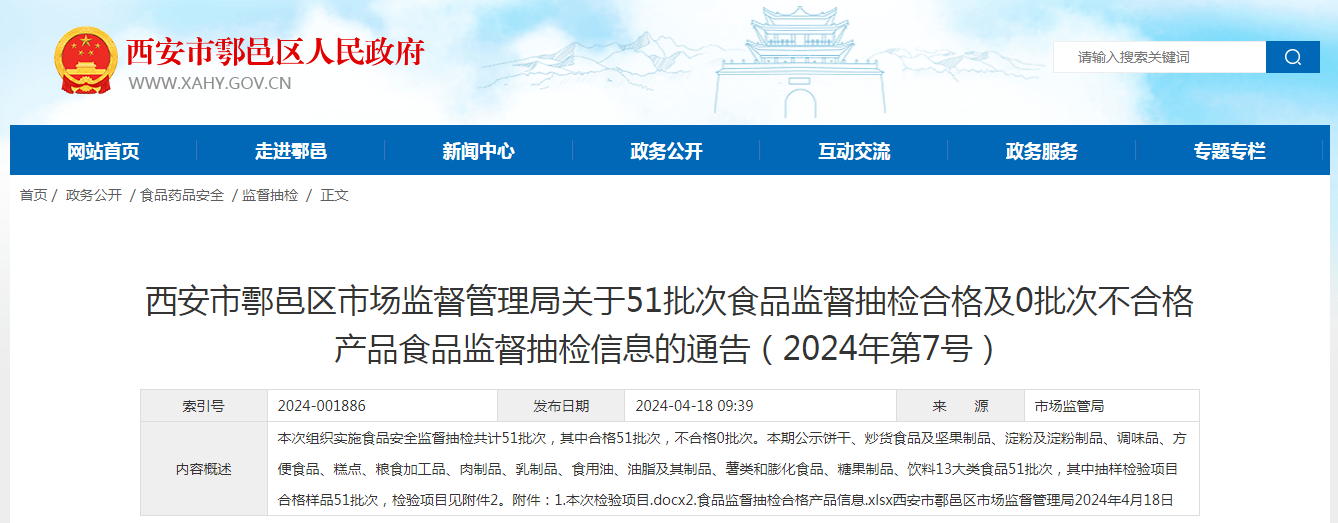 西安市鄠邑区市场监督管理局关于51批次食品监督抽检合格及0批次不合格产品监督抽检信息的通告（2024年第7号）