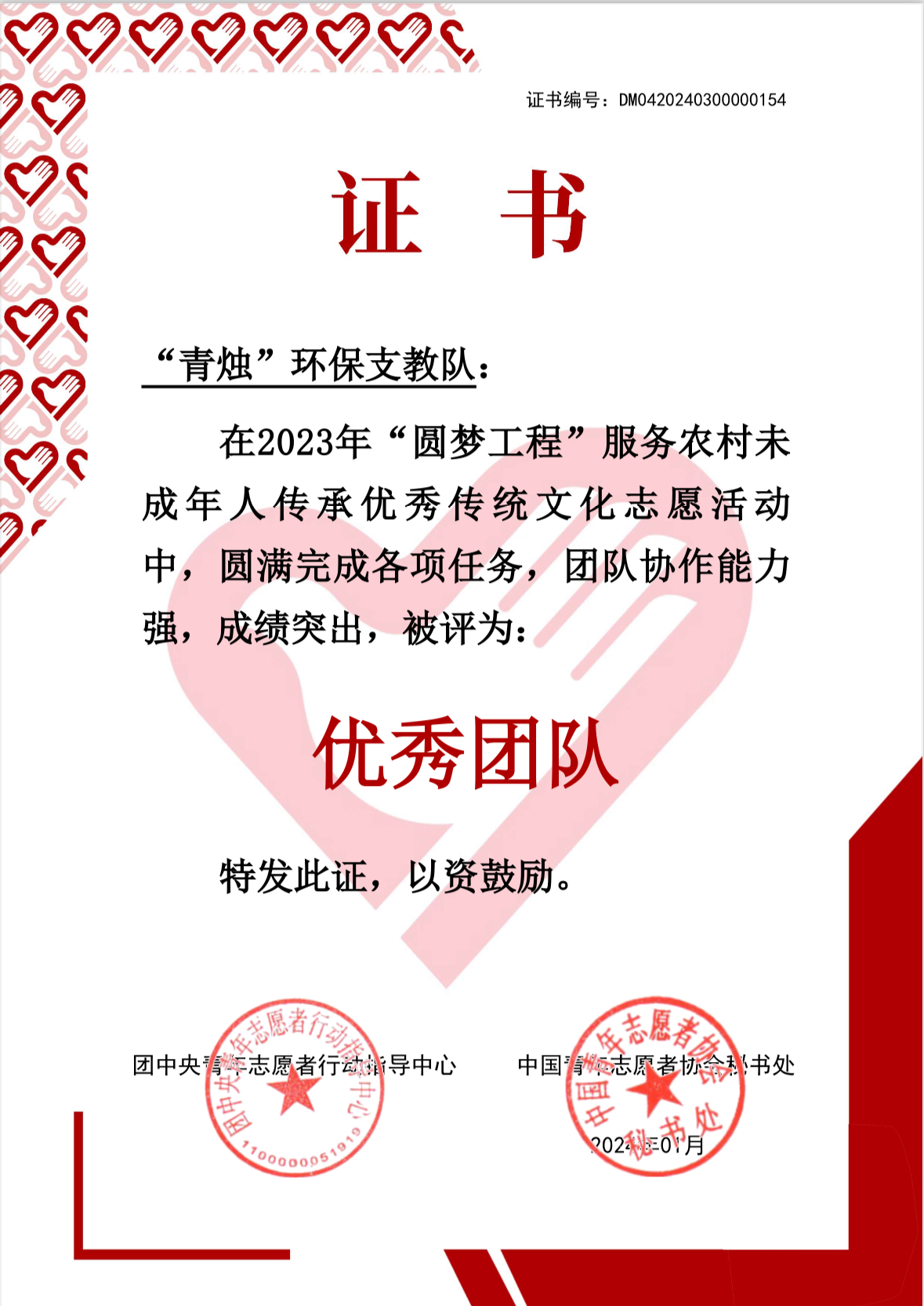 荣誉证书2023年7月,"青烛"环保支教队在祝红艳,马晶照两位老师的带领