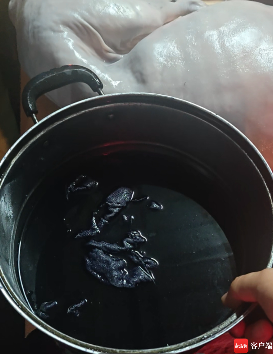 海口东门市场一摊位用来给冰鲜白条羊染色的黑色不明液体疑为黑墨水。记者 姜飞 摄