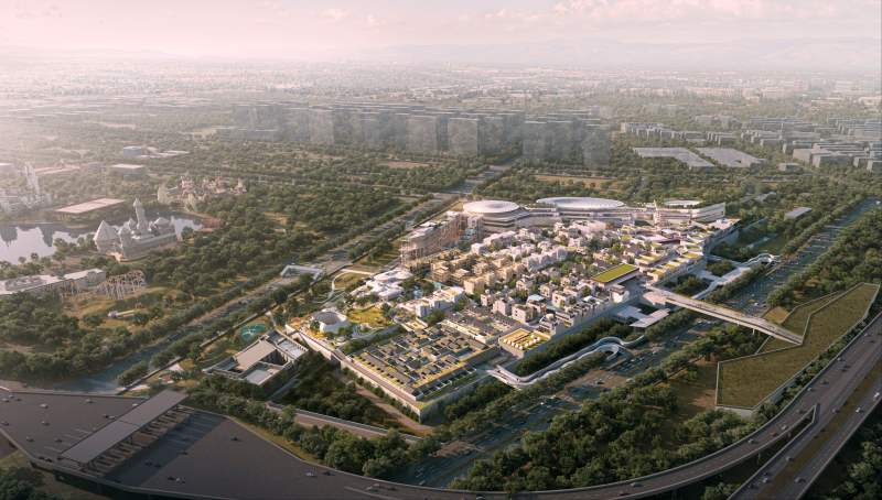 "湾里"项目俯瞰效果图,它距离环球度假区只有一街之隔.京投公司供图