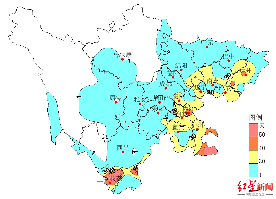 2023年四川高温日数分布