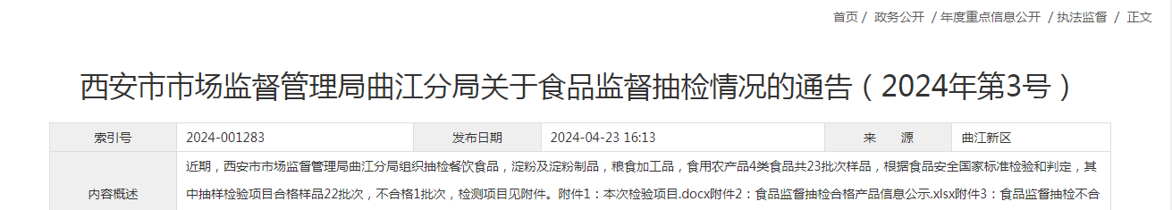 西安市市场监督管理局曲江分局关于食品监督抽检情况的通告（2024年第3号）