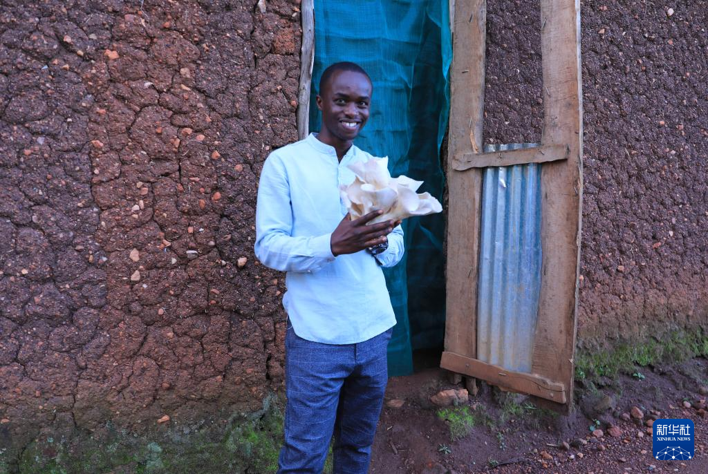 4月6日，在卢旺达南方省穆汉加市附近，尼扬博·奥贝德在工坊展示培育的蘑菇。 新华社记者 董江辉 摄