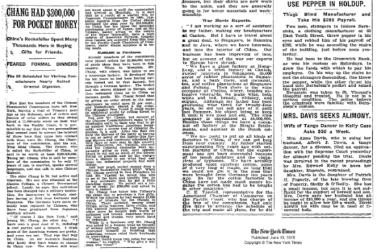 1915年6月13日《纽约时报》刊文称张弼士为“中国的洛克菲勒”