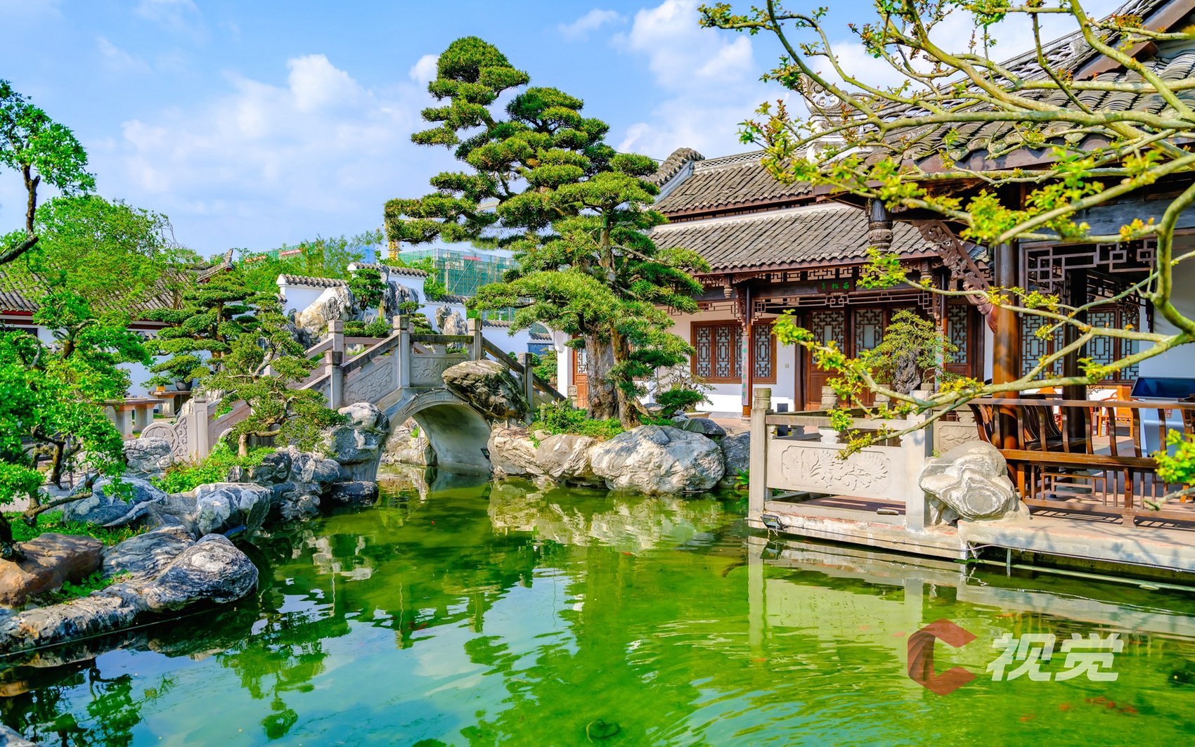 温江分会场三邑川派盆景艺术博物馆内,小桥流水,颇有诗意.