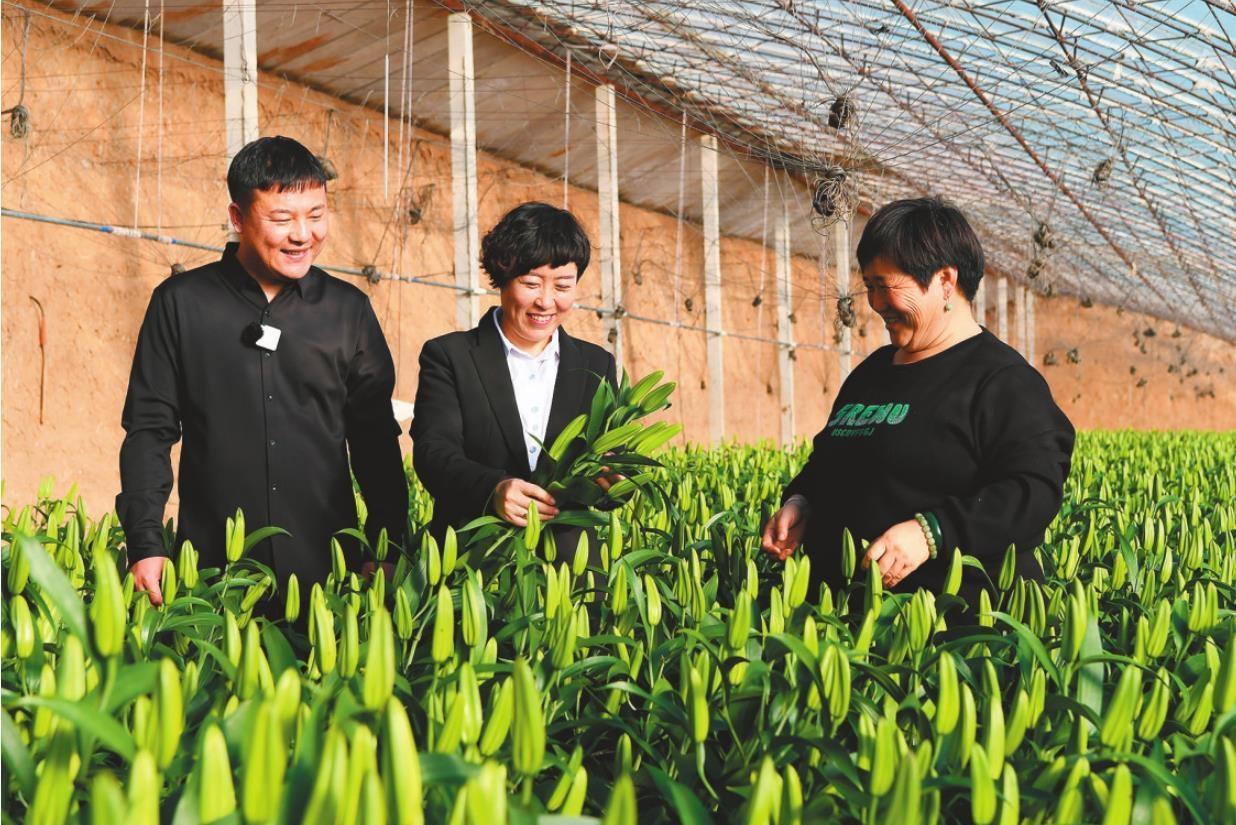 宋杖子镇设施农业产业联合党委工作人员在棚内指导农户（右）生产。
