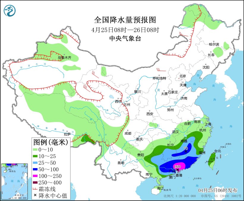 图3 全国降水量预报图（4月25日08时-26日08时）