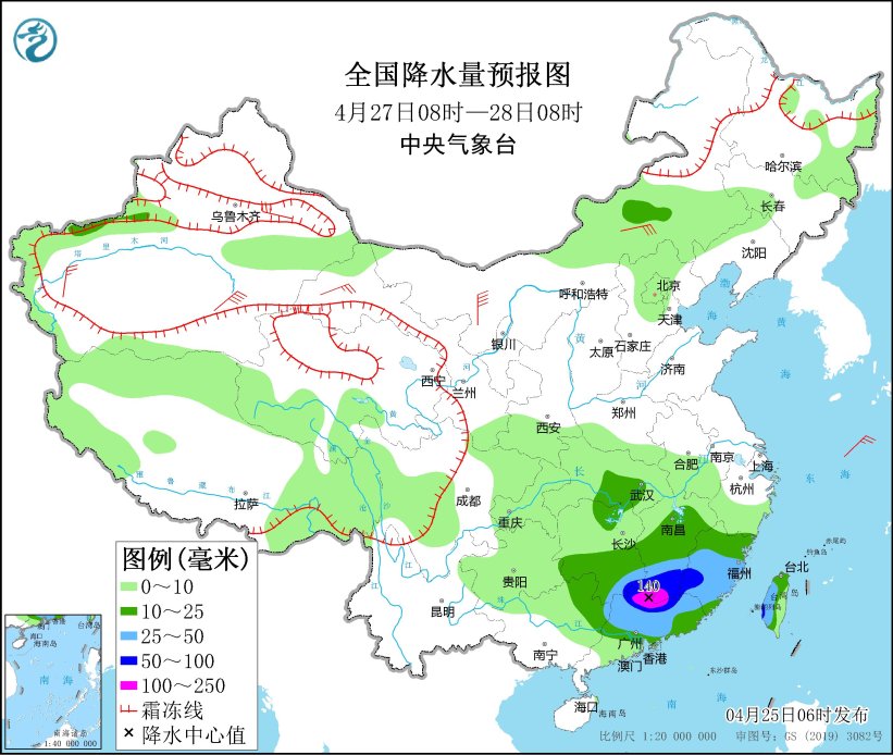 图5 全国降水量预报图（4月27日08时-28日08时）