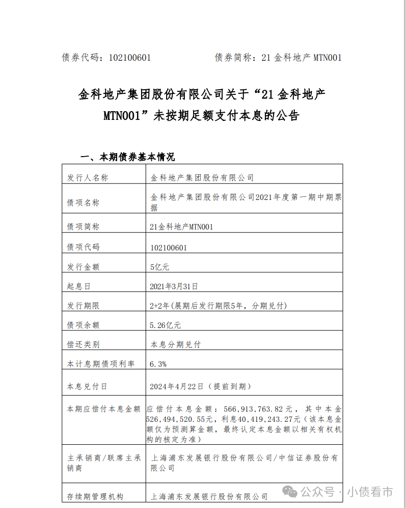 sz)公告称,"21金科地产scp003","21金科地产mtn001"未按期足额支付