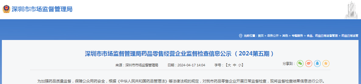 深圳市市场监督管理局药品零售经营企业监督检查信息公示 （2024第五期）