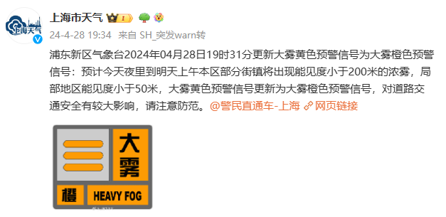 大雾来袭,上海两区发布橙色预警,明早有影响!节前降雨