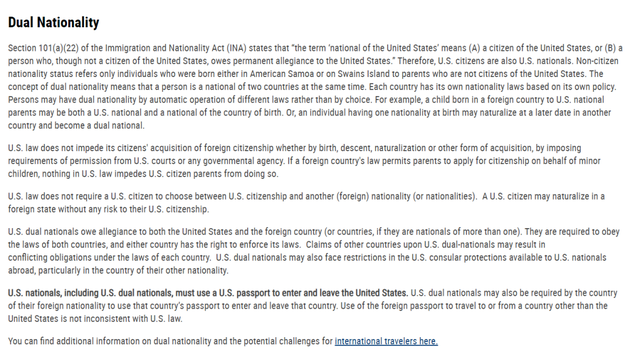 美国国务院网站公布的针对“双重国籍”的公开信息截图。