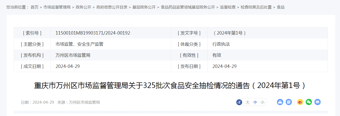 重庆市万州区市场监督管理局关于325批次食品安全抽检情况的通告（2024年第1号）