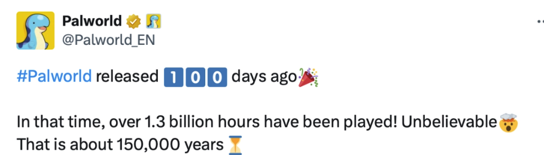 《幻兽帕鲁》民圆庆祝出售一百天｜玩家游戏总时少已达15万年