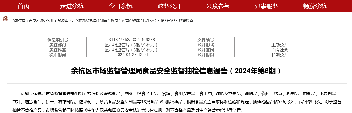 余杭区市场监督管理局食品安全监督抽检信息通告（2024年第6期） 