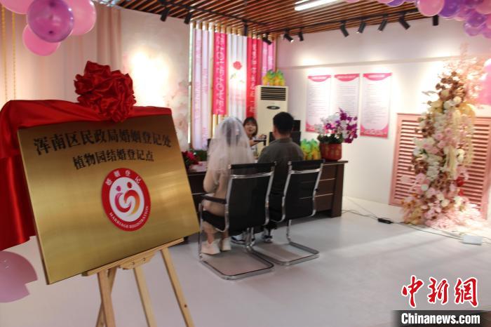 4月30日，沈阳市首个公园式结婚登记点在浑南区揭牌。(沈阳市民政局供图)