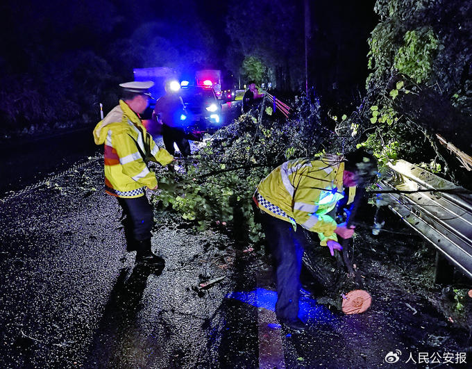 4月28日晚，江西省弋阳县公安局交警大队曹溪中队民警对散落路面的树枝进行清理。章俊 摄