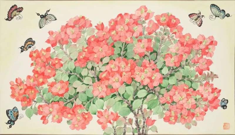 《花卉-勒杜鹃与蝴蝶》，常沙娜，39.5cmx69cm，纸本水粉，2000年后