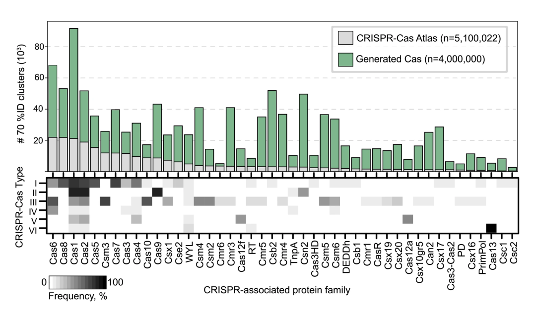 通过蛋白质簇的数量来衡量，生成的序列极大地扩展了 CRISPR 相关蛋白质家族的多样性。