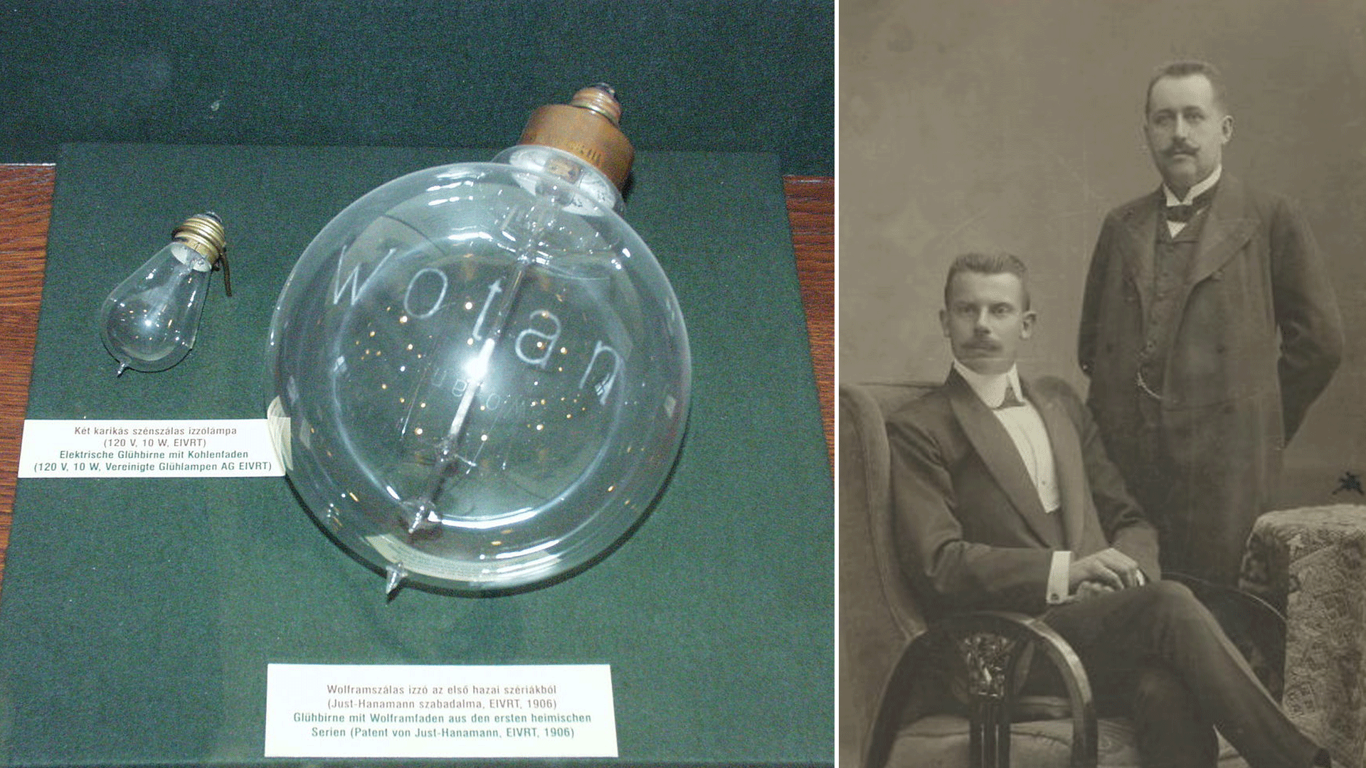 △亚历山大·贾斯特（右）与弗兰乔·哈纳曼（左）共同发明了世界上第一个金属灯丝（钨）电灯泡。