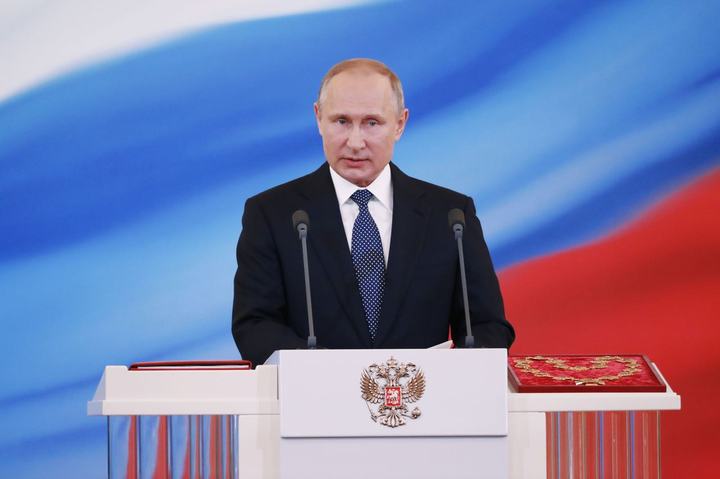 2018年5月7日，俄罗斯总统普京在莫斯科克里姆林宫举行的就职典礼上讲话。图源新华社