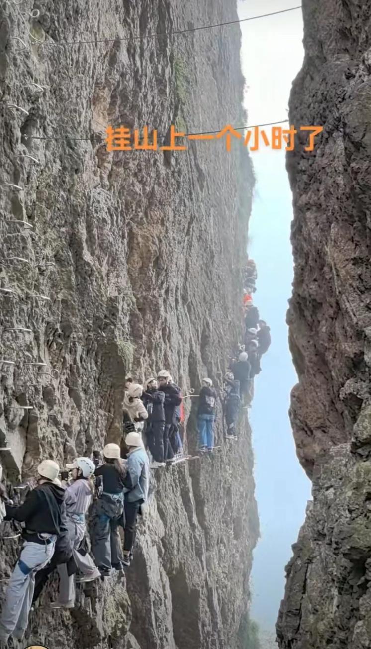 游客在悬崖上动弹不得。图据截图