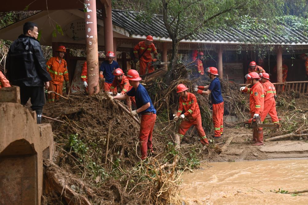 7日，工作人员在清理被洪水冲断的树木。新华社记者陆波岸 摄
