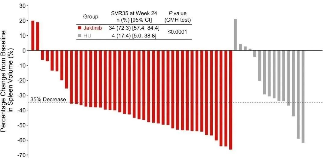 图1 24周IRC评价的脾脏体积相比基线变化的百分比瀑布