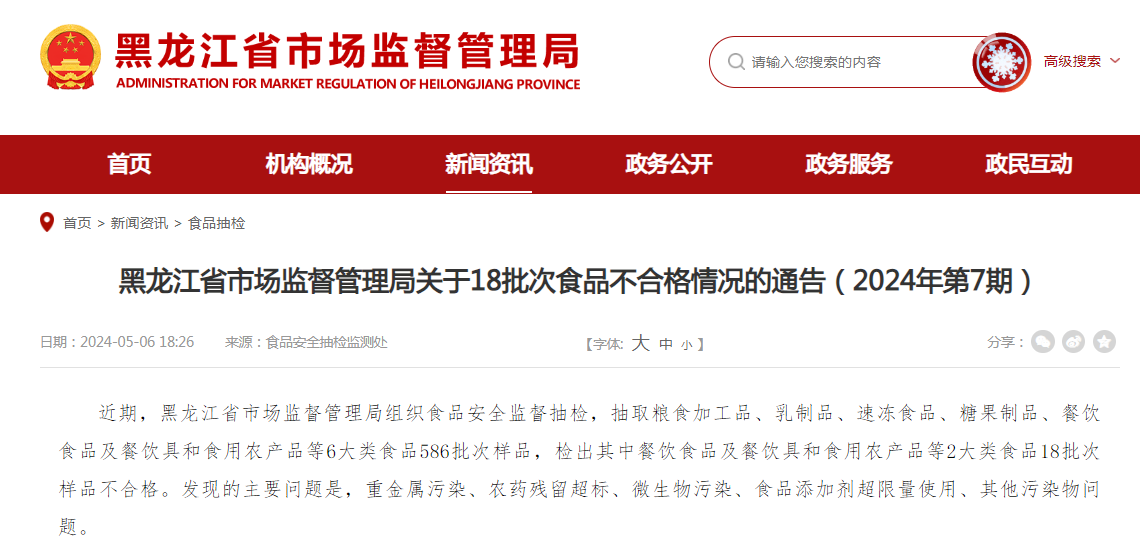 通告(2024年第7期)近期,黑龙江省市场监督管理局组织食品安全监督抽检