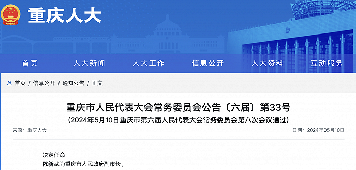 陈新武任重庆市人民政府副市长