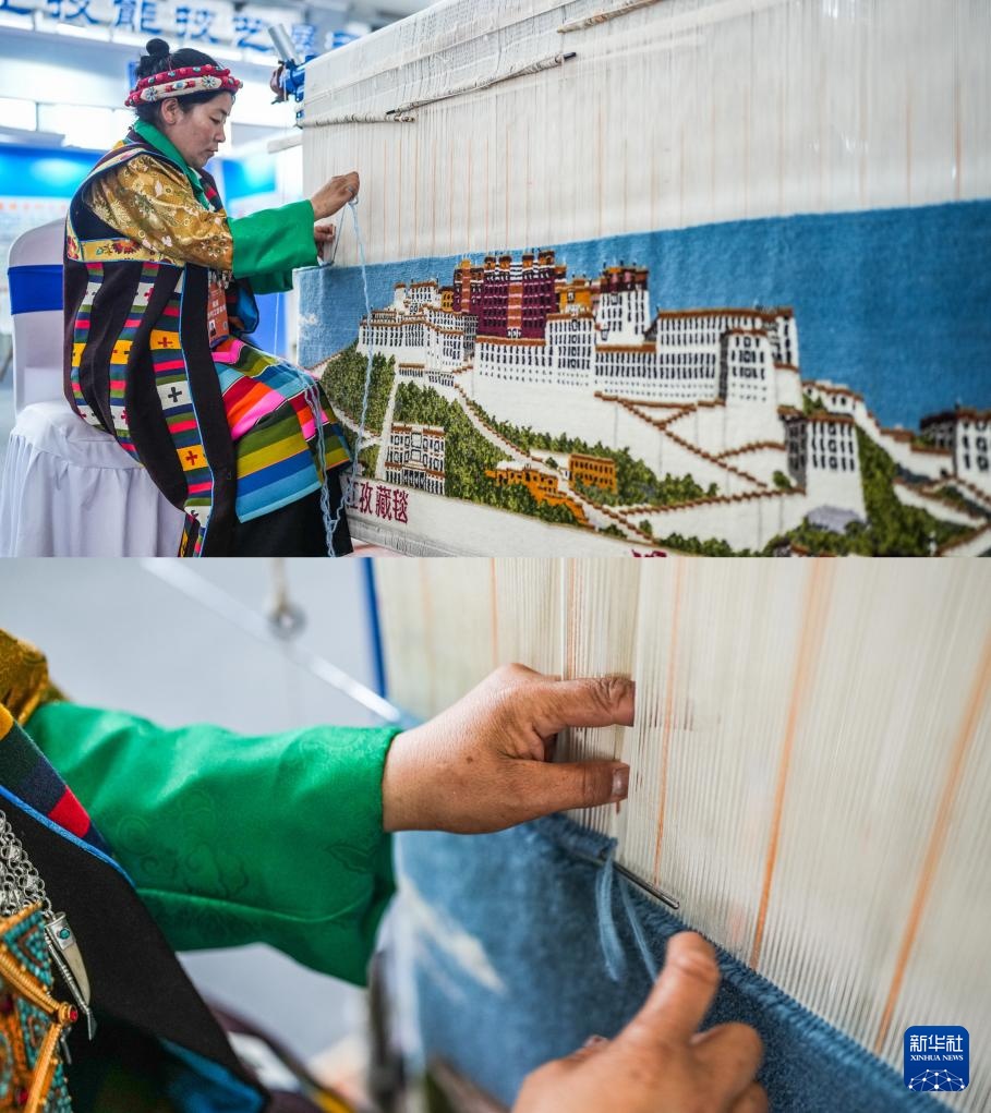 来自西藏自治区日喀则市江孜县的珍拉在制作藏毯(拼版照片,5月8日摄).