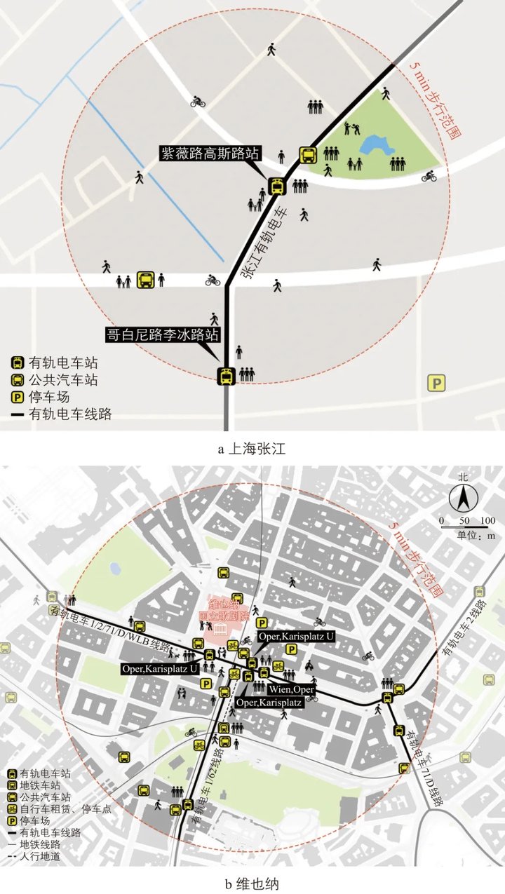 上海张江有轨电车与维也纳有轨电车接驳换乘情况对比 图源：马强