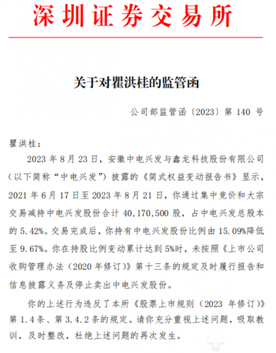 中电兴发董事长瞿洪桂个人去年收监管函 还曾套现2466万